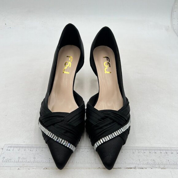 FSJ Women Low Kitten Heels Pointed Toe Slip on Pumps D'Orsay Pleated Satin Black - Picture 3 of 8